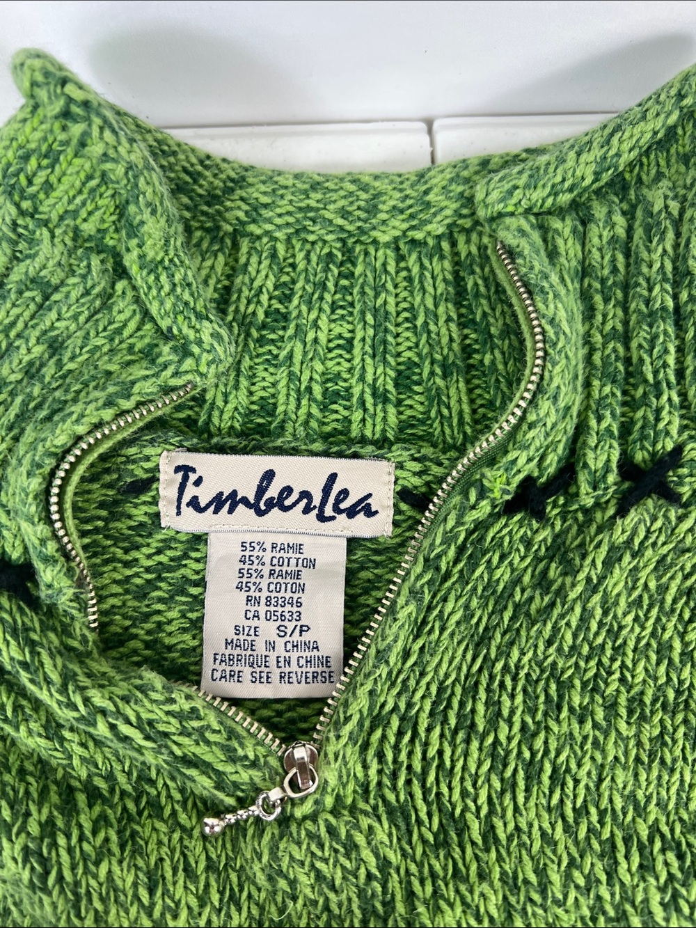 Timberlea Equestrian Horse Sweater Green Ramie/Cotton Qtr Zip Sz S - Picture 3 of 9